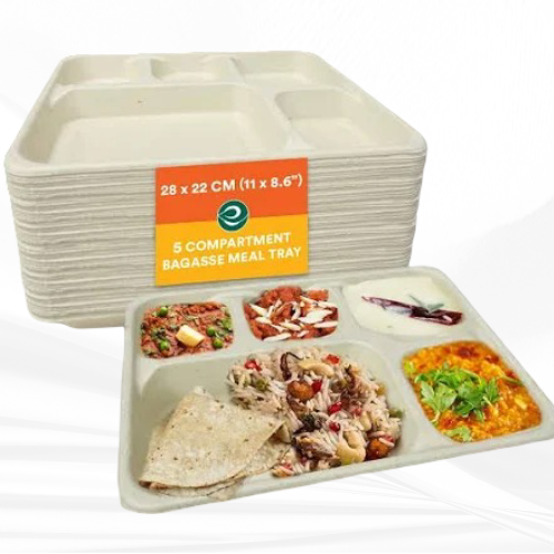 5-Compartment Disposable Small Meal Tray | Compostable Bagasse Plates